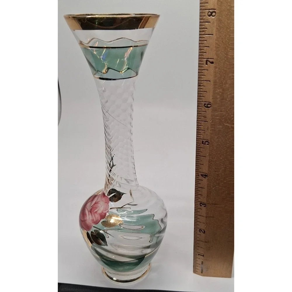 Vintage Bohemian Glass Vase with Enamel Rose Decoration and Gold Accents